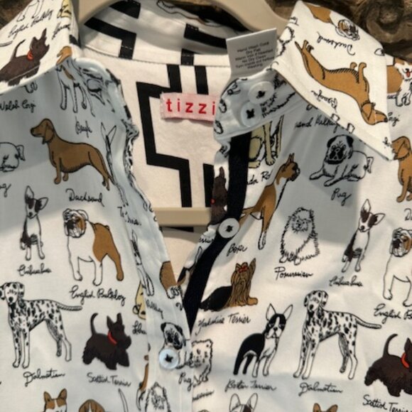 LIZZIE XS Cotton white button down blouse, with a variety of dogs throughout. - Picture 1 of 3